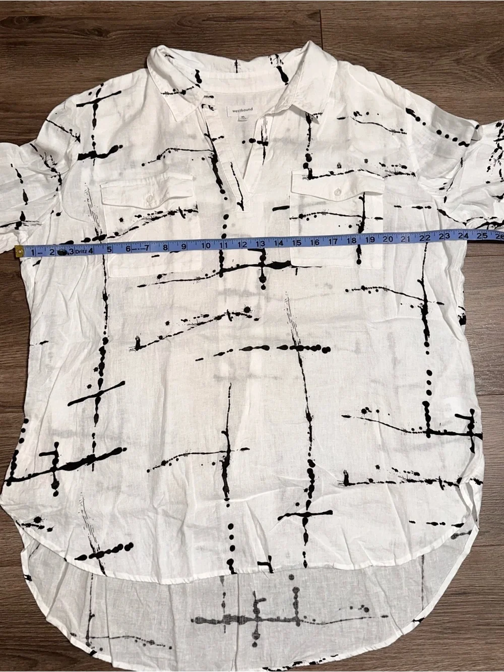 Linen Blend Button-Down Shirt with Black Abstract Print Short Sleeve Shirt